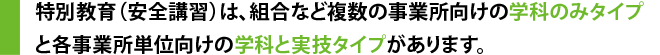 特別教育（安全講習）は、組合など複数の事業所向けの学科のみタイプと各事業所単位向けの学科と実技タイプがあります。